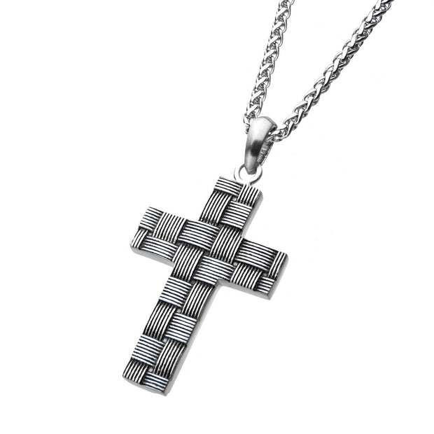 Men's stainless steel weave pattern cross necklace