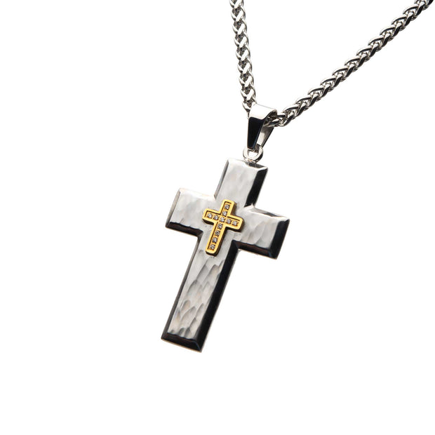 Gold Cross with Clear CZs on Steel Hammered Cross Pendant