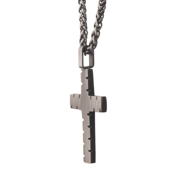 Stainless Steel & Gunmetal IP Chiseled Cross Pendant