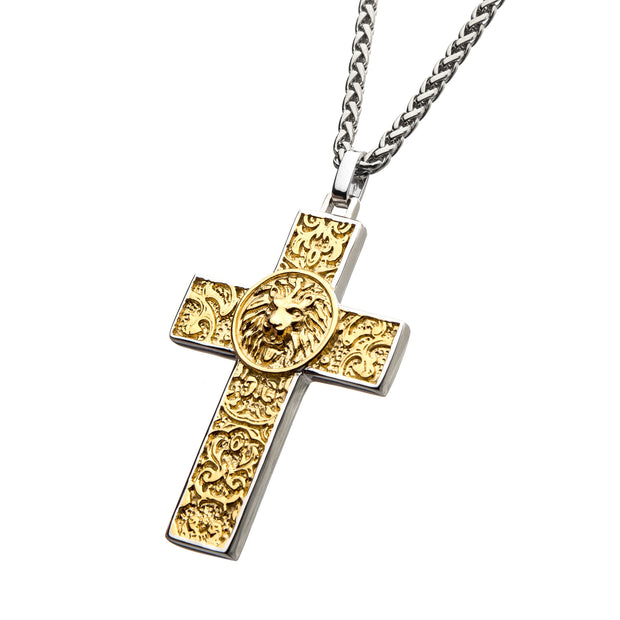 Men's Steel with Gold IP Nymeria Lion Cross Pendant with Chain