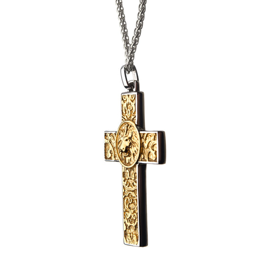 Men's Steel with Gold IP Nymeria Lion Cross Pendant with Chain
