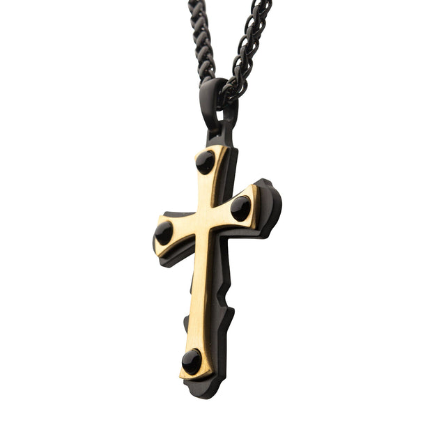 Men's 18K Gold Plated with Black Agate Stone Cross Pendant