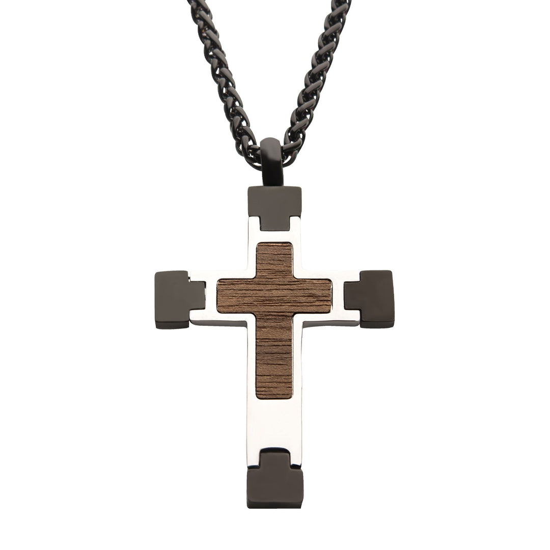 Men's Steel Cross Pendant with Walnut Wood Inlay