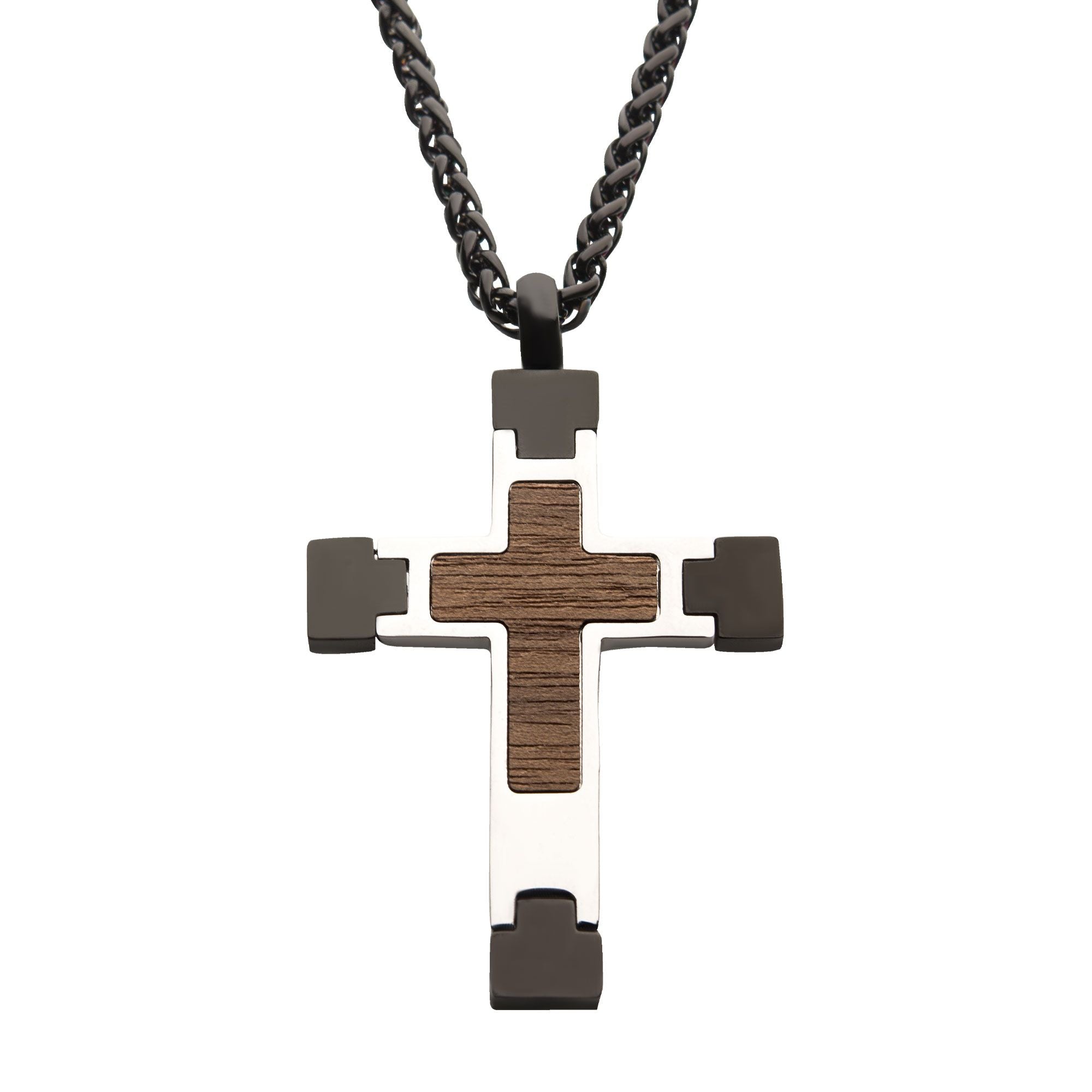 Men's Steel Cross Pendant with Walnut Wood Inlay