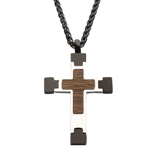 Men's Steel Cross Pendant with Walnut Wood Inlay