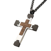 Men's Steel Cross Pendant with Walnut Wood Inlay