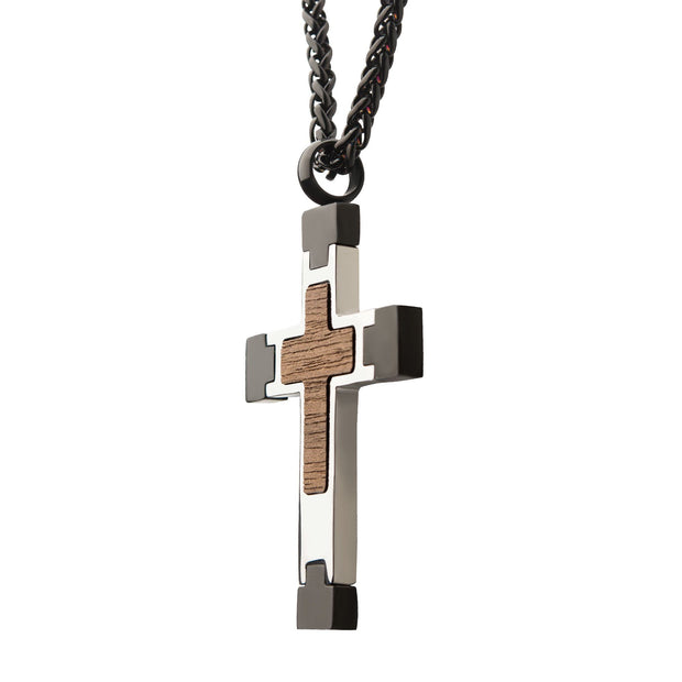 Men's Steel Cross Pendant with Walnut Wood Inlay