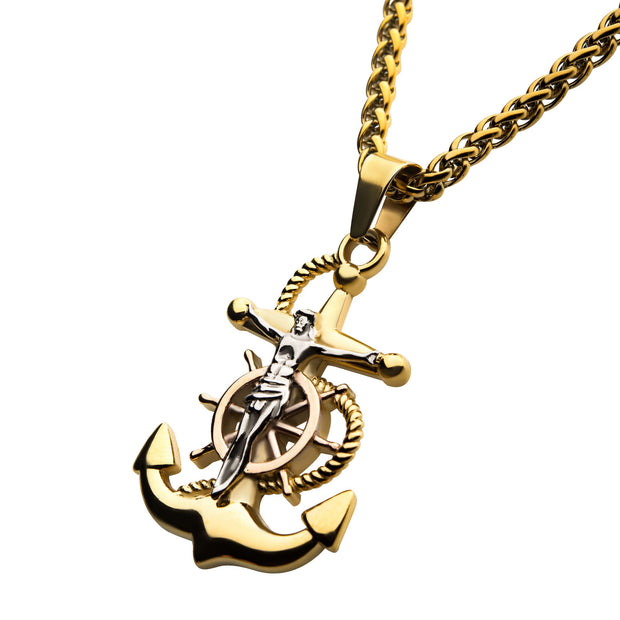 Men's 18K Gold Plated Anchor with Silver Plated Jesus Steel Pendant