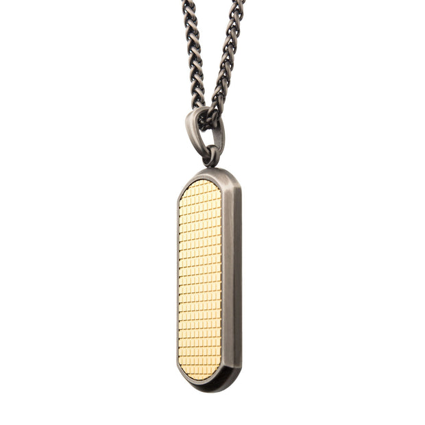 Men's Gunmetal Plated with 18K Gold Plated Grid Inlay Dog Tag Pendant