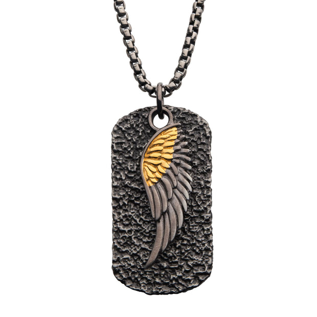 Layered 18K Gold IP Wing & Gun Metal IP Dog Tag Pendants with Round Box Chain