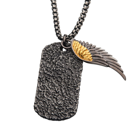 Men’s Gold Wing & Gunmetal Dog Tag Pendant Necklace