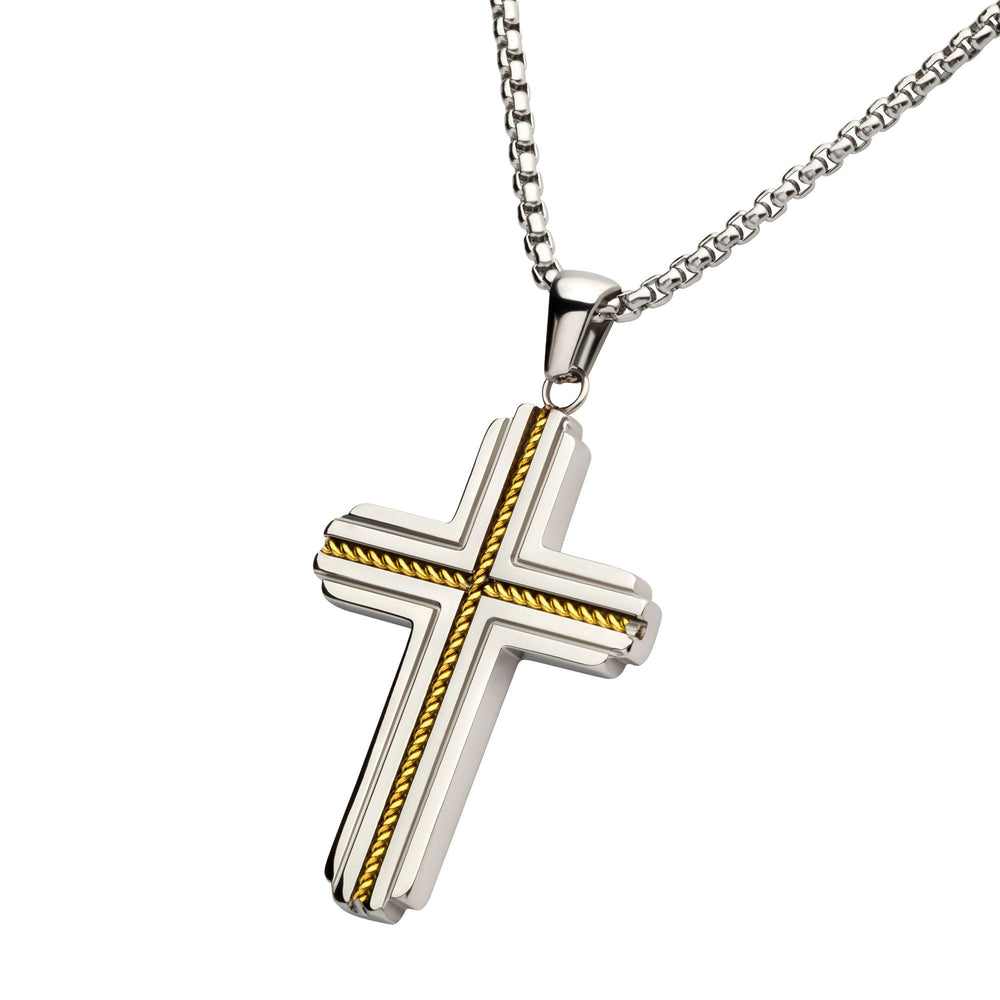 Men’s Gold IP Two-Tone Rope Inlay Cross Pendant