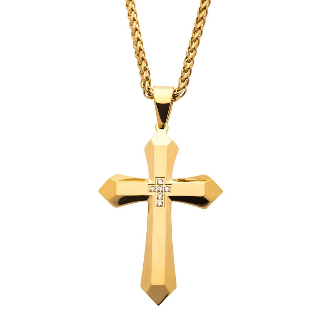 Men's Gold Plated Cross Pendant with Clear CZ