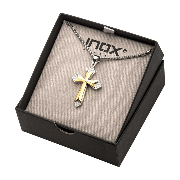 Men's Gold Plated Cross Pendant with Clear CZ