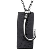 Antiqued Finish Fish Hook and Black Plated Tag Pendant