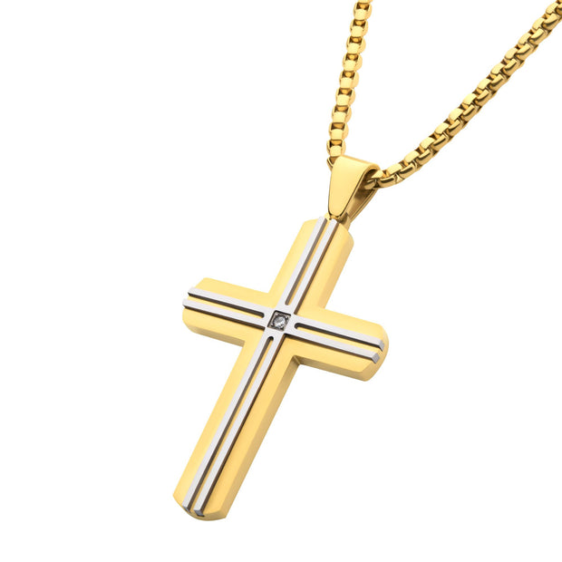 18K Gold IP & Thin Steel Line Layered Cross Pendant with Clear CZ, with Box Chain