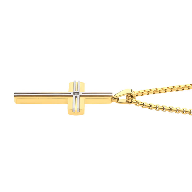 18K Gold IP & Thin Steel Line Layered Cross Pendant with Clear CZ, with Box Chain