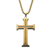 Clear CZ Gold Plated Cross Pendant in a Steel Frame with Chain