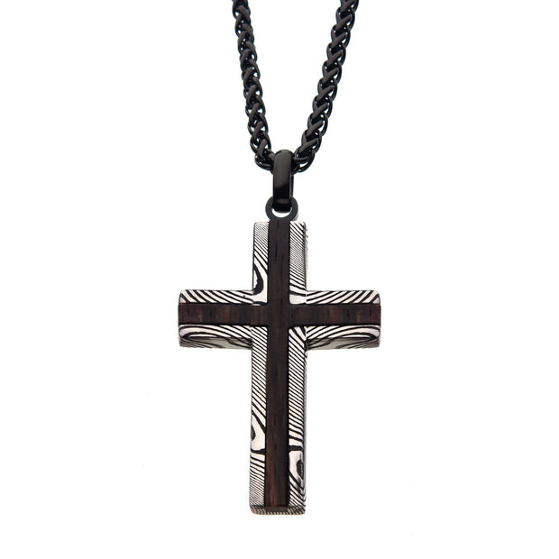 Black plated Damascus Cross Pendant with Ebony Wood Inlay