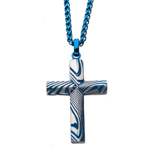 Men's Blue Plated Damascus Cross Pendant