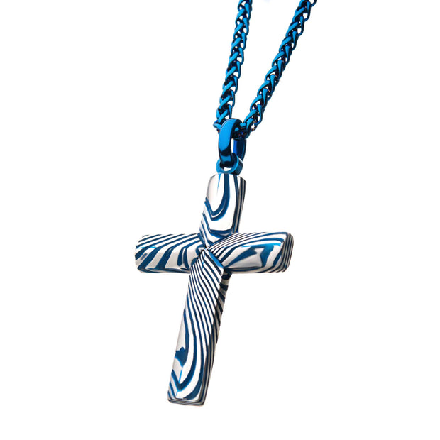 Men's Blue Plated Damascus Cross Pendant