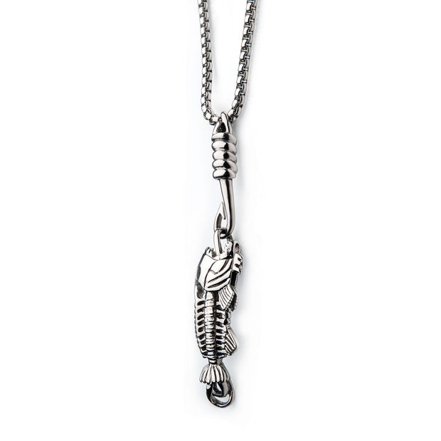 Men's Polished Steel Fishbone Pendant with 24 inch long Hook