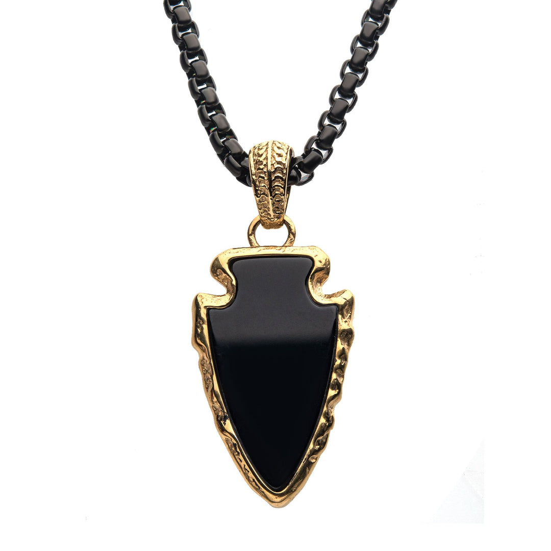 Men's Black Agate Stone with Gold Plated Frame Arrowhead Pendant