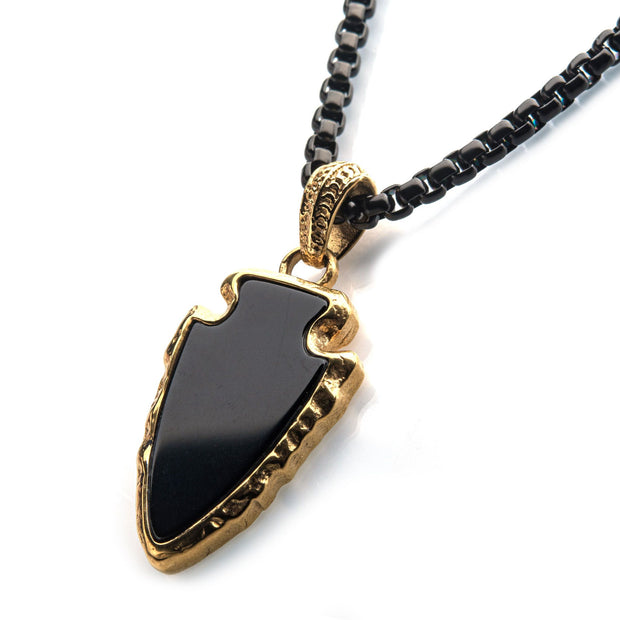 Men's Black Agate Stone with Gold Plated Frame Arrowhead Pendant