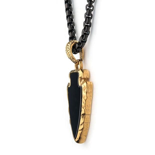 Men's Black Agate Stone with Gold Plated Frame Arrowhead Pendant