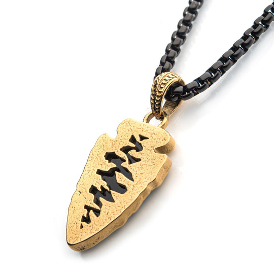 Men's Black Agate Stone with Gold Plated Frame Arrowhead Pendant