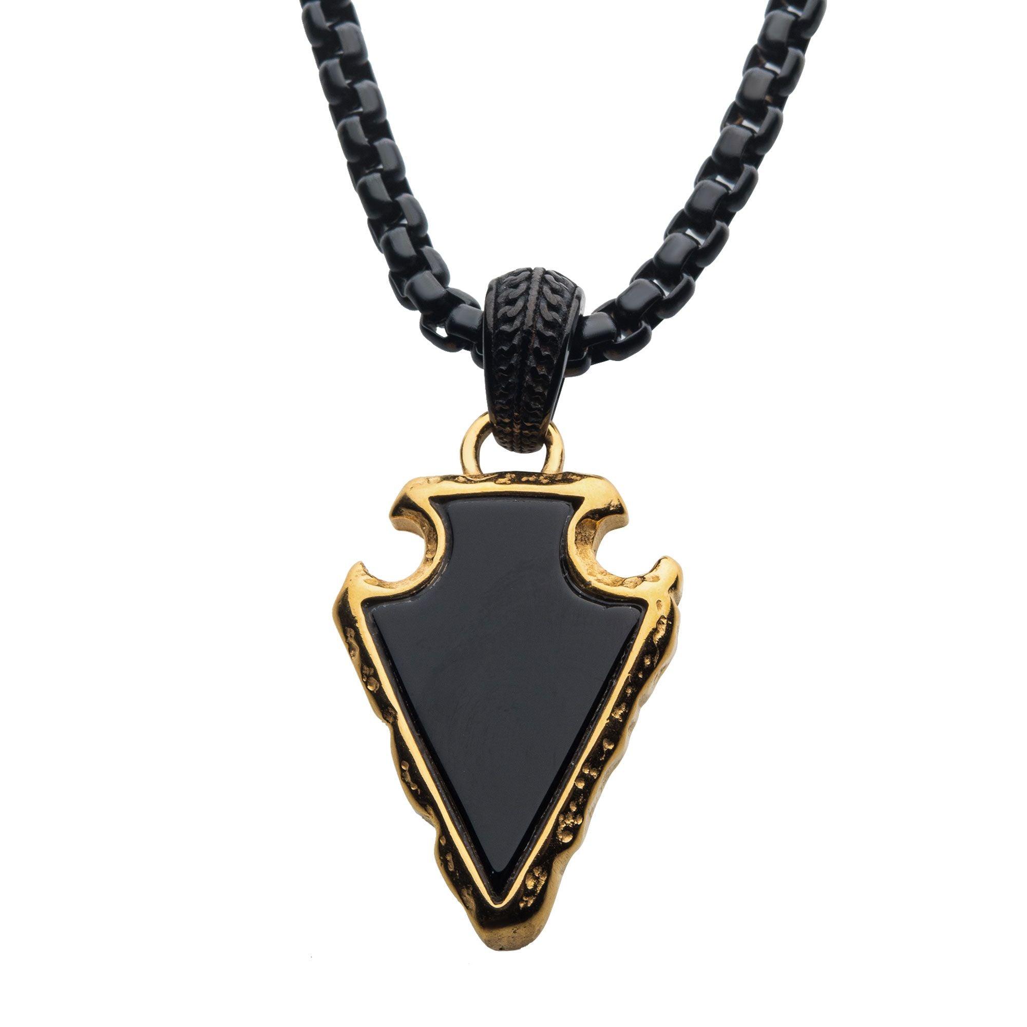 Men's Black Agate Stone with Polished Gold Plated Frame Arrowhead Pendant