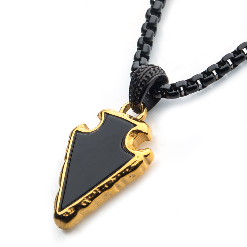 Men's Black Agate Stone with Polished Gold Plated Frame Arrowhead Pendant