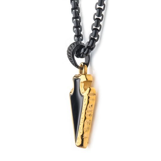 Men's Black Agate Stone with Polished Gold Plated Frame Arrowhead Pendant