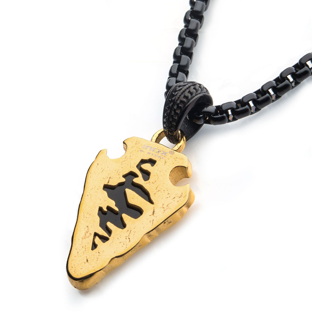 Men's Black Agate Stone with Polished Gold Plated Frame Arrowhead Pendant