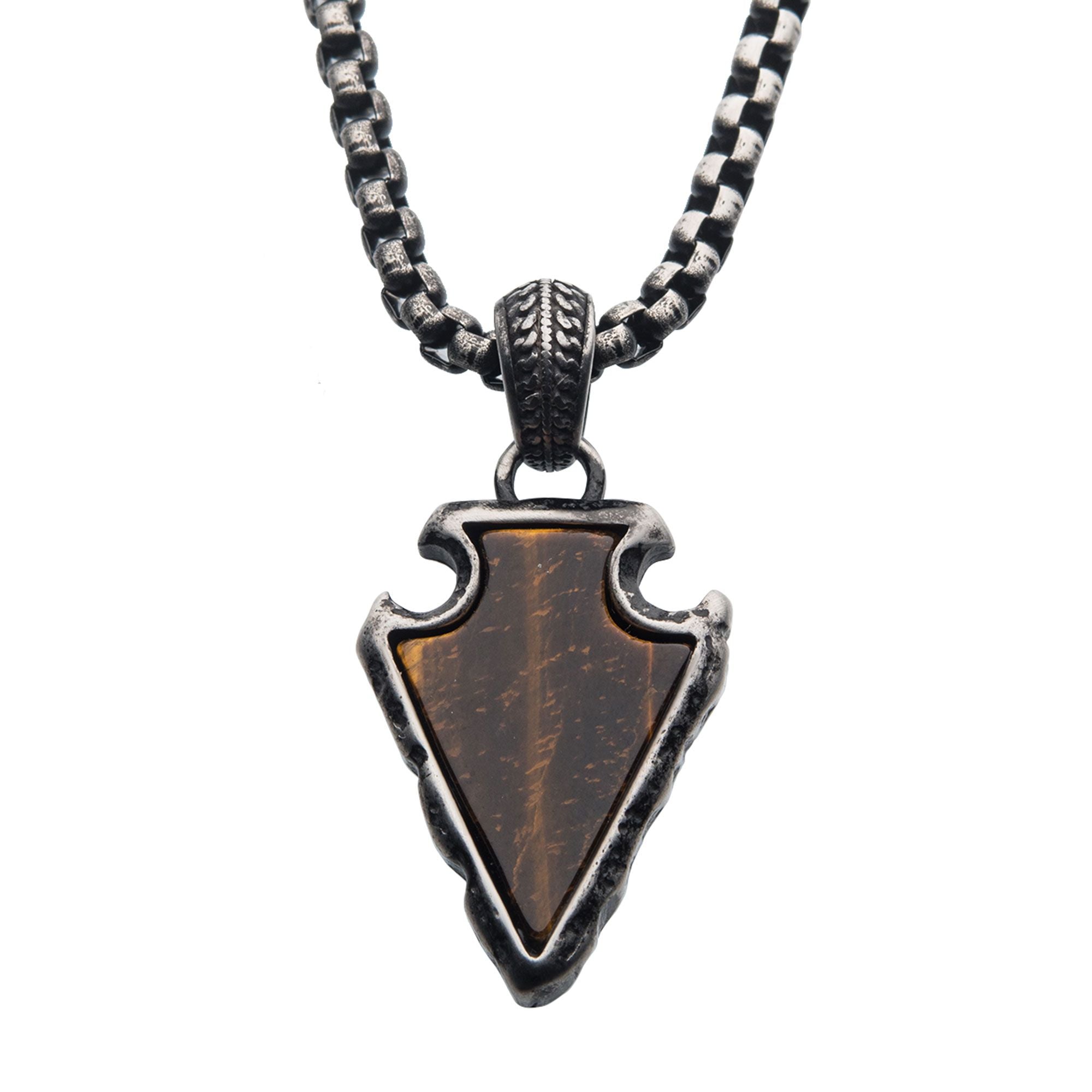 Men's Tiger Eye Stone with Gunmetal Arrowhead Pendant